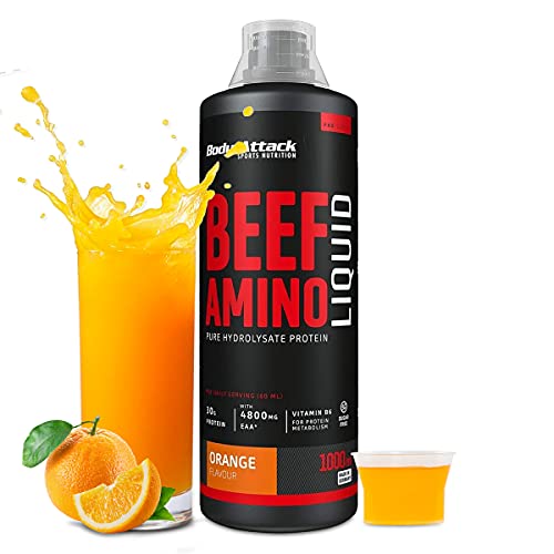 Body Attack Beef Amino, Orange, 1000ml - Made in Germany - fruchtig leckere & flüssige Protein Quelle, 30g Protein pro Tagesration, hochdosierte Aminosäuren vom Rind, 4800mg EAA & 2100 mg BCAA