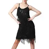 20er Jahre Kleid Frauen Damen Vintage Retro Flapper Gatsby Glitzer Pailletten Fransenkleid 1920er Hochzeit Party Charleston Kostüm Spaghettiträger Sexy Minikleid Kurz Latein Tanzkleid Schwarz XL