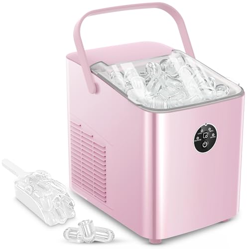 FOHERE Eiswürfelmaschine 14kg 24 Stunden, Eiswürfel in 5 Min, 2 Größen von Bullet Ice, Selbstreinigender Eiswürfelbereiter mit Griff, Eisschaufel u. Korb, Ice Maker für Party Büro RV (Rosa)