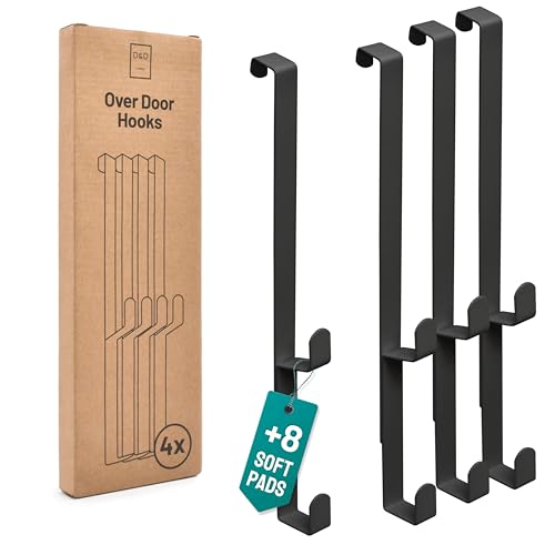 D&D Living® Türhaken zum Einhängen bis 16 mm | 4x Doppel Haken für Türgarderobe | Kleiderhaken für Tür und Schrank (Schwarz)