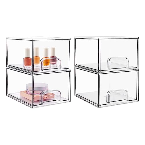 Vtopmart 4 Pack Stackable Storage Drawers, Acrylic Organiser with 32 Non-slip Mat, Acrylic Drawer Organiser for Dresser, Bathroom