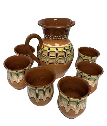 etara Wein&Feinkost Kollektion/Wein Glühwein Tee Wasser Set, Krug und 6 Becher aus Ton, bulgarische Tradition, Keramik, hochwertige Handarbeit (orange)