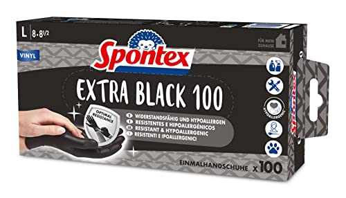 Spontex Extra Black Einmalhandschuhe aus Vinyl, ungepudert und latexfrei, vielseitig einsetzbar, in praktischer Spenderbox, Größe L, 100er Pack, schwarz