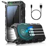 Solar Powerbank 26800mAh, 22.5W PD 3.0A USB C Power Bank Schnellladen mit 3 Kabeln, 7 Ausgänge und 2 Eingänge, 15W Wireless Charger, LED Leuchtanzeigen, Taschenlampe, Portable Charger für Smartphone