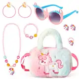 BTHRORO Einhorn Handtasche Geschenk, Unicorn Sonnenbrille Kette Halskette Haargummi Armband Ohrringe Ring für Kleine Mädchen Prinzessin Ankleiden Geburtstag Rollenspiel Geschenk