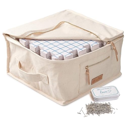 KnitIQ Spannmatten Premium Set – 9 extra dicke Spannunterlagen mit Rasterlinien, 150 rostfreie T-Nadeln in Deko-Box, Qualitäts-Stautasche Stricken Häkeln Handarbeiten Lace - Natur Design