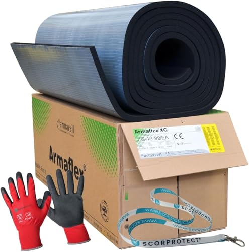 Armaflex Armacell original XG Kautschuk Platte selbstklebend (Isolierstärke 19 mm 1000 x 6000 mm = 6 m²) + rote Handschuhe CAT2 + SCORPROTECT® Schlüsselband