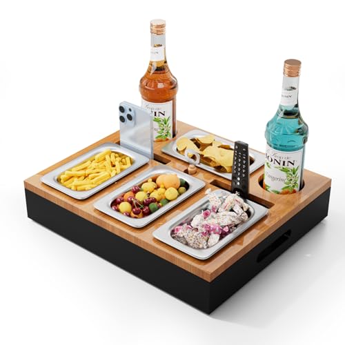 Couchbar, Sofa Organizer auf dem Beistelltische Couchtisch, Couchbar Holz als Bier Geschenke für Männer, Sofatablett Mit Zwei Snackschalen und Mehrere Lagerplätze (Vier Töpfe Holzfarbe)