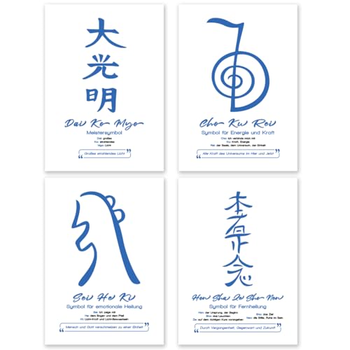 FestySpark Deutsch Poster Reiki Symbole - Reiki Lernen - Reiki Deko - Reiki Zubehör - Reiki Geschenke - Reiki Utensilien [Set aus 4 Postern im A4-Format]