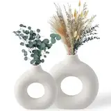 BASVII Kleine Weiße Vase für Pampasgras - Boho Keramik Blumenvase Modern, Zimmer Aesthetic - Donut Vase Rund für Wohnzimmer, Flur, Fensterbank, Esstisch (S+M)
