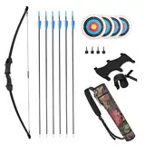 Fiita Bogen und Pfeil Set für Jugend Junior Bogenschießen Longbow 15 Lb Bogen mit 6 Sicherheitspfeilen, 4 Ziel Gesichtspapier, Armschutz, Quiver, für Outdoor Sport Spiel Geschenk für den Einstieg