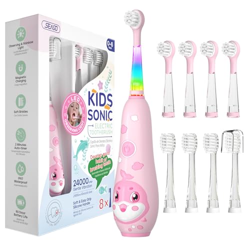 Seago Elektrische Zahnbürste Kinder 0-6 Jahre mit buntem LED Licht, Smart Timer, wiederaufladbare Baby Zahnbürste mit 8 weiche Ersatzbürstenköpfen, IPX7 Wasserdicht, SG2139 (Rosa)