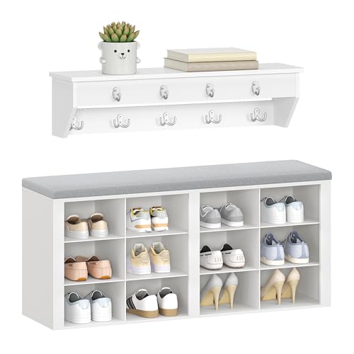 Hzuaneri Garderobe mit Sitzbank, Schuhbank mit Sitzfläche, Eingangsbank 30 x 104 x 49 cm, Wandgarderobe mit 9 Haken Kleiderhaken für Wohnzimmer, Schlafzimmer, Eingangsbereich, Weiß-Grau, HT24903GY