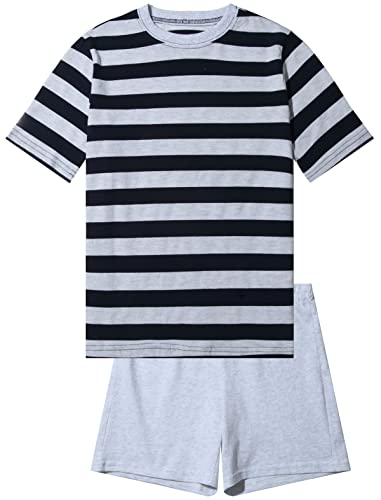 Jungen Schlafanzug kurz, weicher Single-Jersey aus 100% Baumwolle und Hose in Bermuda Form - gestreift, in hellgrau-Melange Grösse 164