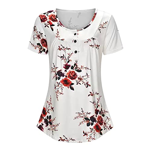 Generisch Top Damen Kurzarm Set Ladies Short Sleeve Casual Floral Loose Stretchy T-Shirt Top Damen T-Shirt Kurzarm Sommer Casual Tunika Tops Damen Tee T-Shirt Tops Tunika Sommer Casual (White, XL)