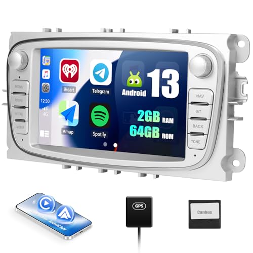 2+64G CAMECHO Android 13 Autoradio für Ford Focus mk2 Mondeo Cmax Galaxy Smax Kuga mit Carplay/Android Auto,7 Zoll Touchscreen mit GPS WiFi Bluetooth RDS FM (Silber)