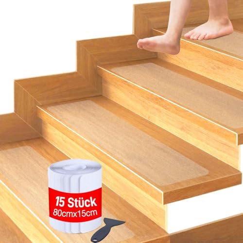 BestLink 15 x 80 cm Treppenstufen Matten Antirutsch Treppe, 15 Stück Transparent Stufenmatten Selbstklebend, Wasserdicht Anti Rutsch Treppen Streifen rutschfeste Klebeband für Holzstufen, Boden