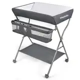 Maydolly Baby Klappbar Wickelkommode,Mobiler Wickeltisch mit Rollen und Wickelauflage,Wasserdicht und Höhenverstellbar,Baby Wickelkombi mit Ablagefächern(dunkelgrau)
