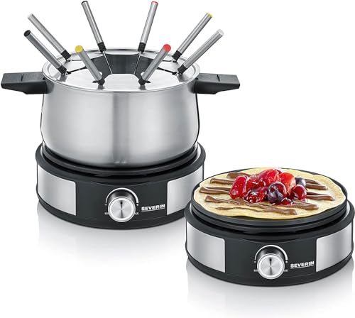 SEVERIN Fondue-Crêpes-Kombination, spülmaschinengeeignetes Fondueset mit 8 farblich markierten Gabeln, Fondue-Crêpes Maker-Kombi aus Edelstahl, schwarz, FO 2471