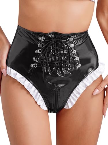 FEESHOW Frauen Lack Leder Latex Slip Shorts Sexy Ouvert Wetlook Hotpants Unterwäsche Dienstmädchen Kostüm Kurze Latexhose High Waist Schwarz XXL