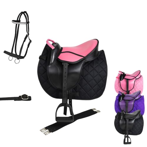 Marengos - Holzpferd Sattel Set | Sattel für Holzpferd mit Sattelgurt, Schabracke, Trense, Steigbügel & -Riemen | Sattel aus Kunstleder | Sattel-Typ Advanced in pink/schwarz | Größe 12"