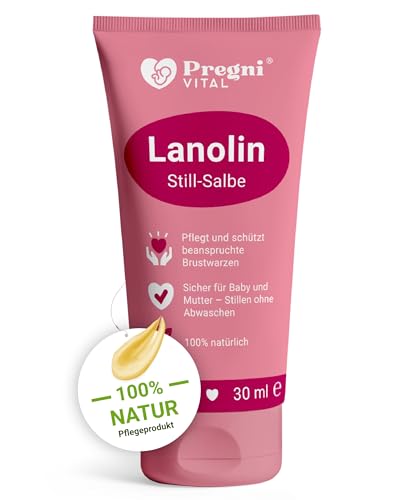 Lanolin Brustwarzensalbe Stillen [30 ml] - Stillsalbe für stillende Mütter bei beanspruchten, trockenen und empfindlichen Brustwarzen - Hypoallergen, ohne Duftstoffe - von PregniVital®