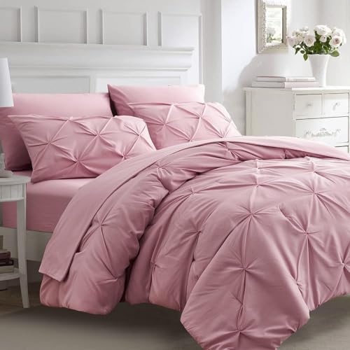 CoutureBridal Rosa Bettwäsche 135x200cm Mädchen Pintuck Plisseefalten Mikrofaser Wendebettwäsche Set Uni Bettbezug mit Reißverschluss und Kissenbezug 80x80cm