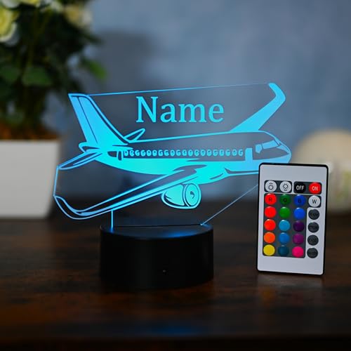 Optechvisual Personalisierte LED Flugzeug Tischlampe – Geschenk für Piloten, Flugbegleiter und Flugzeugliebhaber, Dekoration als Nachtlicht und als Leselicht, Flugzeug lampe mit Namen