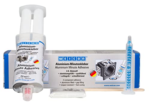 WEICON Aluminium-Minutenkleber Set 24 ml, schnellhärtender 2-Komponenten Epoxid-Klebstoff, hochfester Aluminiumkleber, mit Mischdüse & Holzspatel