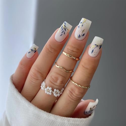 Irikdescia 24 Stück Französischer Press On Nails Quadratische In Medium, Gold Blau Blatt Design Nägel Zum Aufkleben, Weißer Matt Fake Nails,Glänzende Kunstnagel