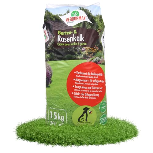 Verdurmax 15 kg Garten- und Rasenkalk - Moos & Unkraut entfernen - pH-Wert Optimierung - Kalkdünger mit Magnesium für sattes Grün - Verbessert Nährstoffaufnahme von Gras und Pflanzen