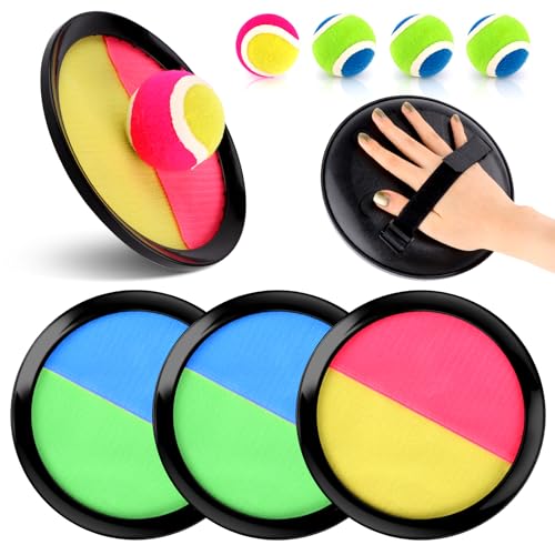 QOUBNIC Klettball-Spielzeug mit 4 Schlägern & 5 Bällen, Klettballspiel Wurfspiel Kinder Klettballspiel Klettball Strandspielzeug Wurfspiel Strand Gartenaktivität für Kids von 3 bis 10 Jahren