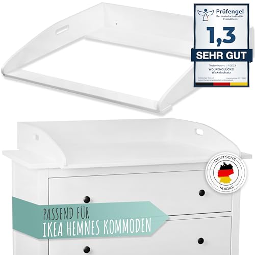 WOLKENGLÜCK® Wickelaufsatz für IKEA Hemnes Kommode [88x75x13cm] - Hochwertiger Hemnes Wickelaufsatz mit Sicherheitsbefestigung - 100% Kippsicherer Wickeltischaufsatz - Wickelaufsatz Hemnes Kommode