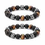 Oykrueats 2 Stück Tigerauge Armband,Obsidian Armband 10MM,Armband Dreifacher Schutz mit Tigerauge,Obsidian,Turmalin Steine,Naturstein Schwarzer Turmalin Armband für Freunde,Damen,Ehemann,Vater