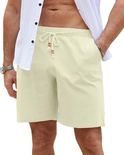 LVCBL Leinen Shorts Herren Sommer Strand Leichtes Bermuda Shorts mit Taschen Beige L