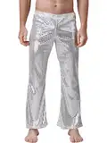 HULIJA Herren Glitzer Hose Lang Glänzend Tanzhose mit Pailletten Retro Pants Jazzhose Bühnenauftritte Cosplay Party Karneval Bühnenauftritte A Silber M