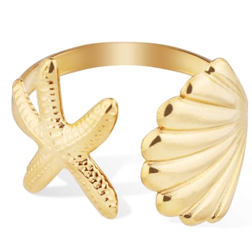 Mikovivi Seestern Muschelring, Goldener Seesternring Edelstahl Muschelring Verstellbar Künstlerisch Seesternschmuck für Sommer Strand Frauen Alltag Geschenk