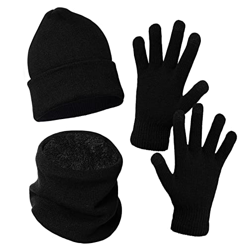 baotongle Winter Beanie Mütze Schal Touchscreen Handschuhe Set Wintermütze Herren Schal Set mit Warmem Fleecefutte Strick für Herren und Damen