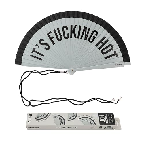 FISURA – Origineller Fächer mit Text „It’s f*cking hot“. Moderner, farbenfroher Handventilator aus wendbarem Holz. Graue und schwarze Töne. Haken inbegriffen. Größe: 42,5 x 23 cm
