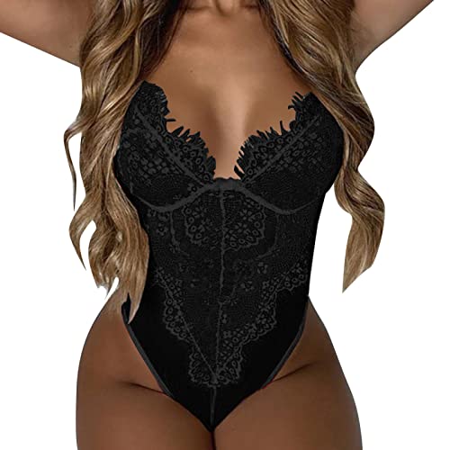 Reizwäsche Für Sex Damen Mollig Frauen Bustier Neckholder Spitze Reizwäsche Reizvolle Teddy Push Up Ouvert Lingerie Babydoll Nachtwäsche Netz Höhe Taille V-Ausschnitt String Jumpsuit Catsuit