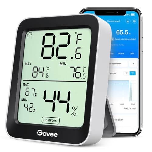 Govee Thermometer Hygrometer Innen, LCD Digital Temperatur luftfeuchtigkeitsmesser mit Benachrichtigungs Alarm, Präzise Thermo-Hygrometer mit APP, Datenspeicherung für Gewächshaus Weinkeller