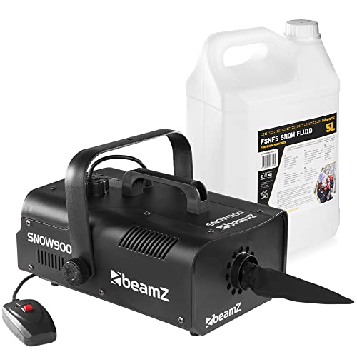 BeamZ SNOW900 Set Schneemaschine mit Flüssigkeit, 900 Watt Schnee Maschine mit Kabelfernbedienung, Snow Machine mit 5 Liter Schneefluid, mini Schneekanone Garten, Party Gadget, Winter Simulation