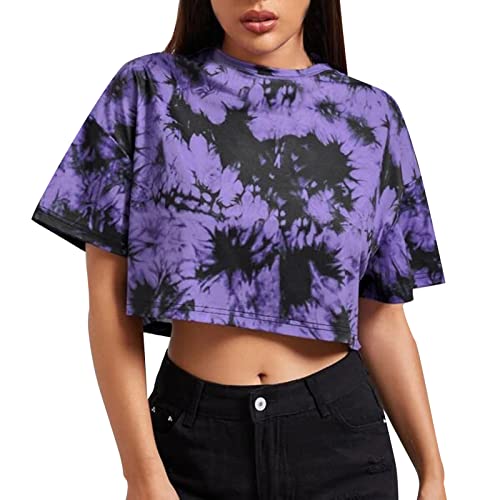 YEBIRAL Damen Crop Top Kurzarm Sportshirt Sommer Rundhals Bauchfreie Tops Sweatshirt T-Shirt Teenager Mädchen Locker Casual Pullover Oberteile Bluse