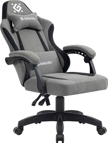 Defender Gaming-Stuhl Lumen, Bürostuhl, ergonomischer Computerstuhl mit Kopfstütze, verstellbares Lendenkissen, höhenverstellbar, hochdichter Schaumstoff, Stoff, grau/schwarz