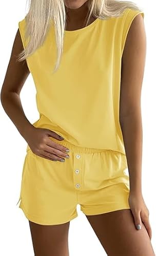 Tankaneo Damen Zweiteiler Sommer Outfits Einfarbig Hosenanzug Tank Top und Shorts Set Elastische Taille Sport Trainingsanzug Elegant Loungewear Set Gelb XXL