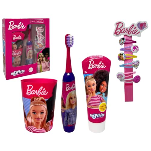 Barbie Zahnpflege-Zubehör-Set für Kinder, 4 Stück, elektrische Zahnbürste, Zahnpasta, Glas, Klammern