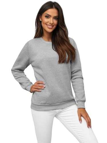 OZONEE Damen Sweatshirt Pullover Langarm Farbvarianten Langarmshirt Pulli ohne Kapuze Baumwolle Baumwollmischung Classic Basic Rundhals-Ausschnitt Sport 777/3001B GRAU XL