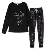 MyFav Womens Pyjamas Set Mode Lange Ärmel Mond Stern Druck Lässig Nachtwäsche Rundhalsausschnitt Top und Lange Hosen 2 Stück Hausanzug mit Kordelzug,Schwarz,L