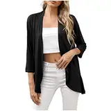 IQYU Strickjacken Für Damen Elegant Cardigan Lang Schwarz Dünn Business Shirtjacke Rüschen Sommerjacke Open Front Festliche Bolerojacke Langarm Strickjacke/Strickmantel Schulterjacke Bolero-Jacke