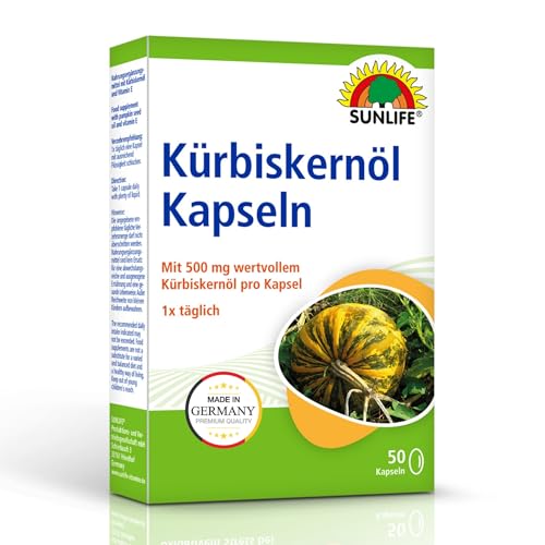 SUNLIFE Kürbiskernöl Kapseln - 1 x 50 Stück - Kapseln mit 500mg wertvollem Kürbiskernöl - Kürbis Kapseln mit Vitamin E - hochwertige Kürbiskern Öl Kapseln - zuckerfrei & glutenfrei